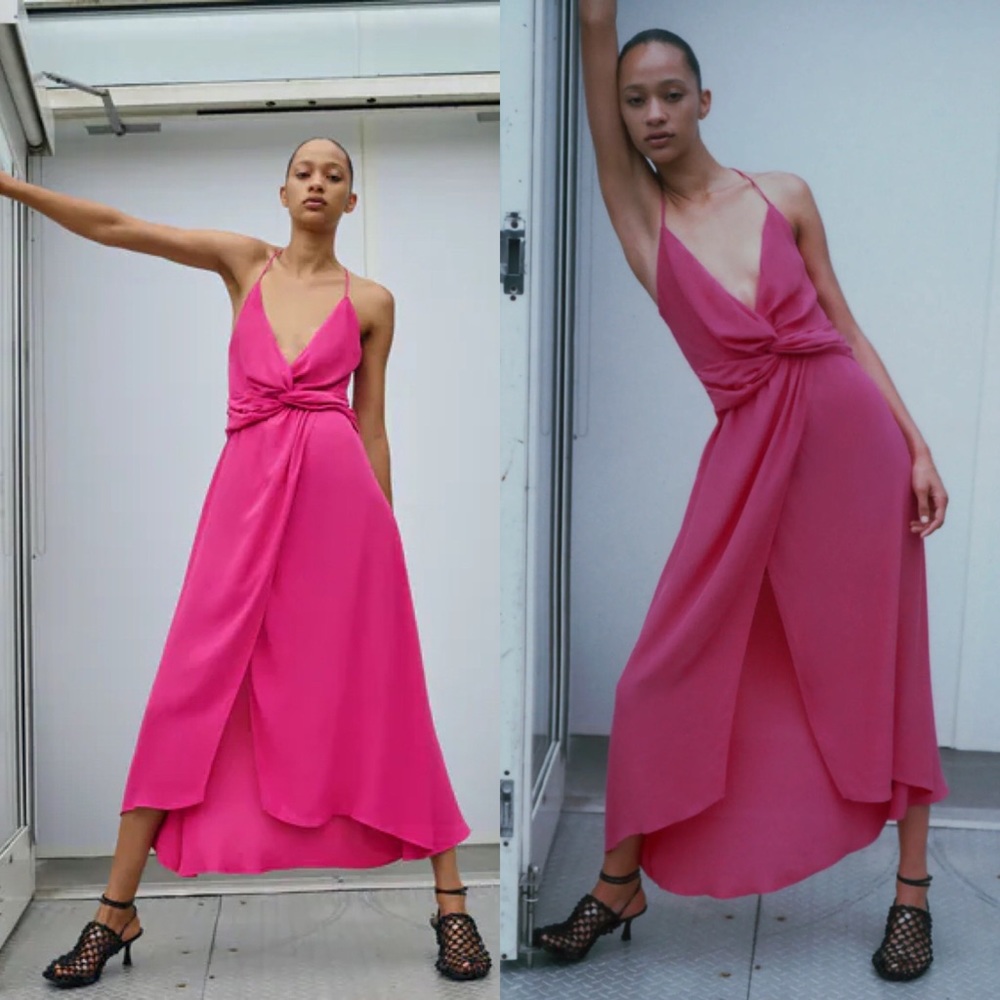 Zara MIDI V-NECK DRESS w/ Knot Spaghetti Straps Slit Hem Pink Size XS NEW